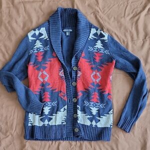 American Living Blue and Red Patterned Cardigan Sweater